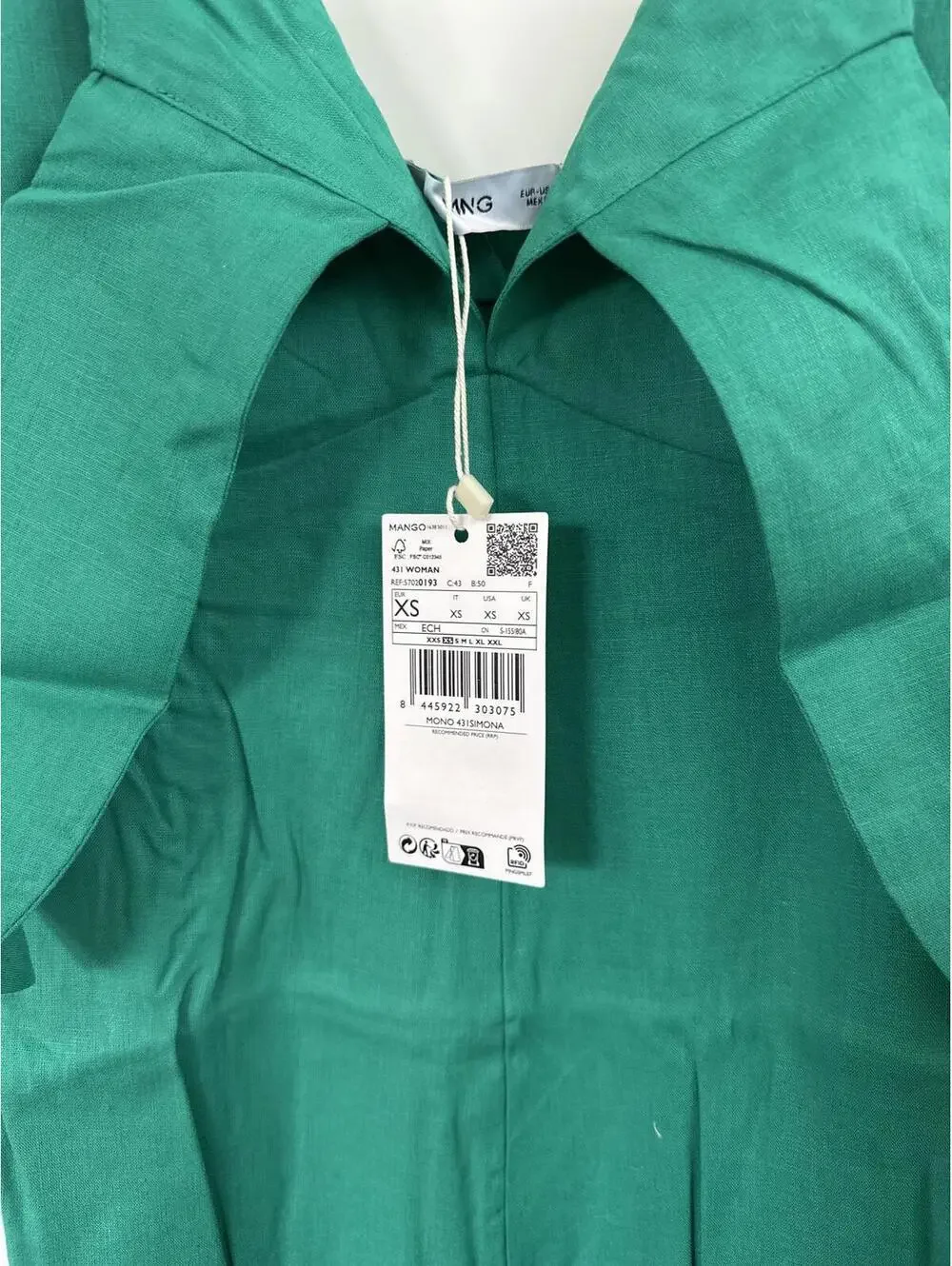 Mango Bow Linen Jumpsuit Green NWT XS